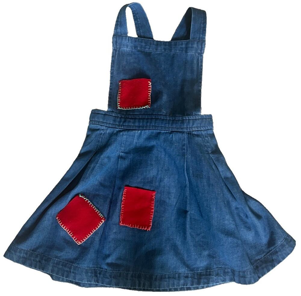 Crewcuts Girls Denim Romper Jean Vintage Style Red Patch Dress Sz 5 Country